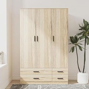 URBNLIVING Modern 3 Door 4 Drawer Wardrobe with Hanging Rail, Bedroom Furniture, Storage Shelf Clothes Organiser Stylish Design, Ample Storage Solution-Oak