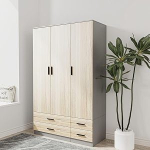 URBNLIVING Modern 3 Door 4 Drawer Wardrobe with Hanging Rail, Bedroom Furniture, Storage Shelf Clothes Organiser Stylish Design, Ample Storage Solution-Grey & Oak