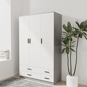 URBNLIVING Modern 3 Door 4 Drawer Wardrobe with Hanging Rail, Bedroom Furniture, Storage Shelf Clothes Organiser Stylish Design, Ample Storage Solution-Ash Grey