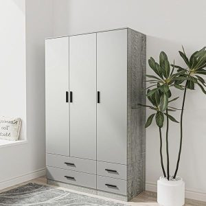 URBNLIVING Modern 3 Door 4 Drawer Wardrobe with Hanging Rail, Bedroom Furniture, Storage Shelf Clothes Organiser Stylish Design, Ample Storage Solution-Ash Grey & Cool Grey