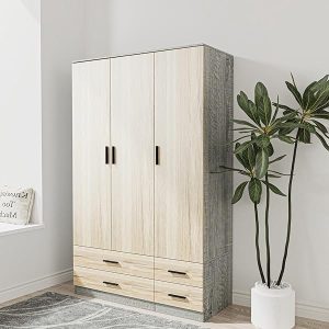 URBNLIVING Modern 3 Door 4 Drawer Wardrobe with Hanging Rail, Bedroom Furniture, Storage Shelf Clothes Organiser Stylish Design, Ample Storage Solution-Ash Grey & Oak