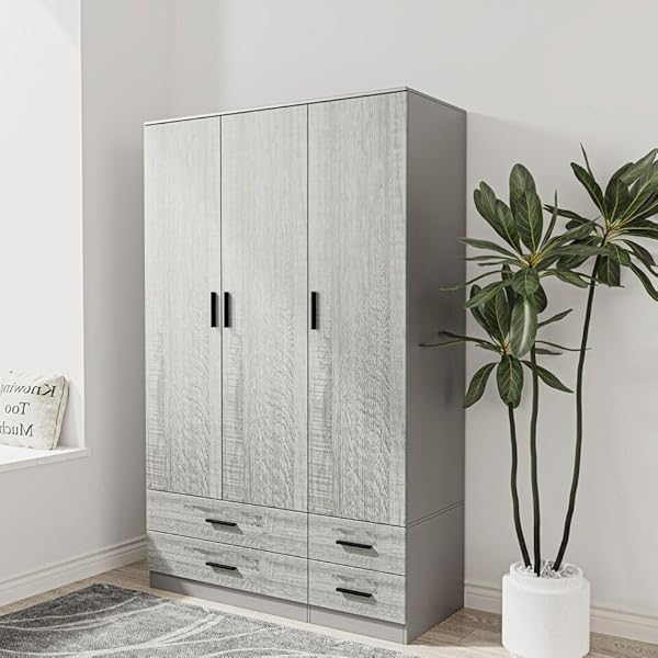 URBNLIVING Modern 3 Door 4 Drawer Wardrobe with Hanging Rail, Bedroom Furniture, Storage Shelf Clothes Organiser Stylish Design, Ample Storage Solution-Grey & Ash Grey