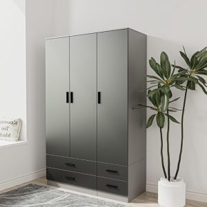 URBNLIVING Modern 3 Door 4 Drawer Wardrobe with Hanging Rail, Bedroom Furniture, Storage Shelf Clothes Organiser Stylish Design, Ample Storage Solution-Grey & Black