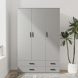 URBNLIVING Modern 3 Door 4 Drawer Wardrobe with Hanging Rail, Bedroom Furniture, Storage Shelf Clothes Organiser Stylish Design, Ample Storage Solution-Grey