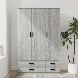 URBNLIVING Modern 3 Door 4 Drawer Wardrobe with Hanging Rail, Bedroom Furniture, Storage Shelf Clothes Organiser Stylish Design, Ample Storage Solution-Ash Grey