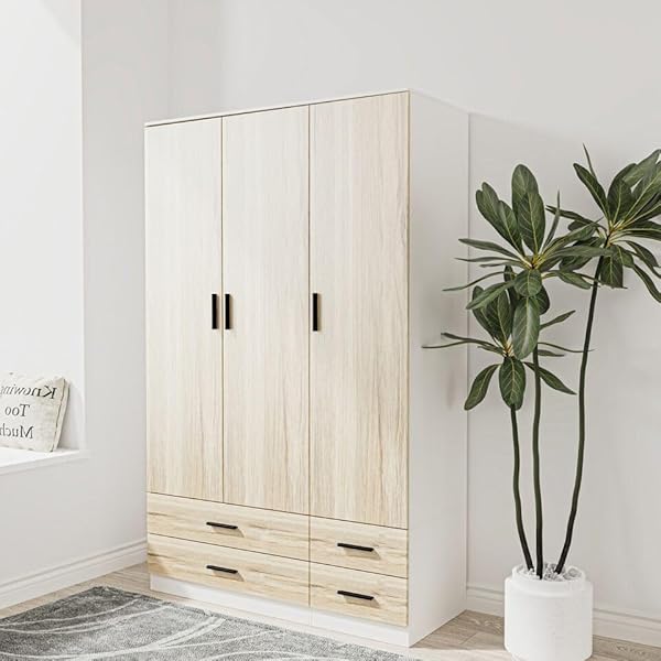 URBNLIVING Modern 3 Door 4 Drawer Wardrobe with Hanging Rail, Bedroom Furniture, Storage Shelf Clothes Organiser Stylish Design, Ample Storage Solution-White & Oak