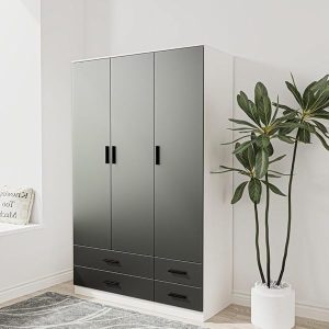URBNLIVING Modern 3 Door 4 Drawer Wardrobe with Hanging Rail, Bedroom Furniture, Storage Shelf Clothes Organiser Stylish Design, Ample Storage Solution-White & Black