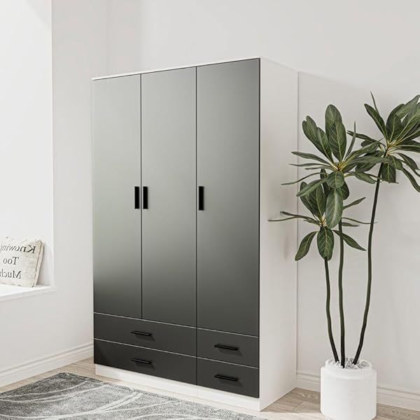 URBNLIVING Modern 3 Door 4 Drawer Wardrobe with Hanging Rail, Bedroom Furniture, Storage Shelf Clothes Organiser Stylish Design, Ample Storage Solution-White & Black