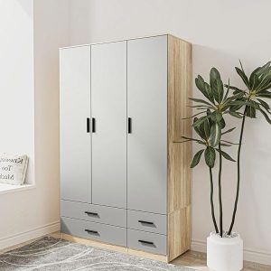 URBNLIVING Modern 3 Door 4 Drawer Wardrobe with Hanging Rail, Bedroom Furniture, Storage Shelf Clothes Organiser Stylish Design, Ample Storage Solution-Oak & Grey