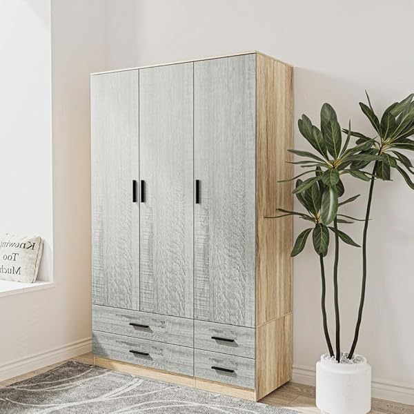URBNLIVING Modern 3 Door 4 Drawer Wardrobe with Hanging Rail, Bedroom Furniture, Storage Shelf Clothes Organiser Stylish Design, Ample Storage Solution-Oak & Ash Grey