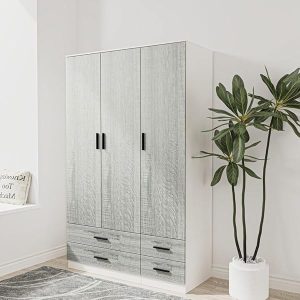 URBNLIVING Modern 3 Door 4 Drawer Wardrobe with Hanging Rail, Bedroom Furniture, Storage Shelf Clothes Organiser Stylish Design, Ample Storage Solution-White & Ash Grey